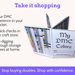 Op de afbeelding: Een wit boekje getiteld "My DMC Colors" met kleurstalen en een raster voor het volgen. De tekst "Take it shopping" staat bovenaan, met opsommingstekens die de voordelen opsommen. De onderkant luidt "Stop buying doubles. Shop with confidence."