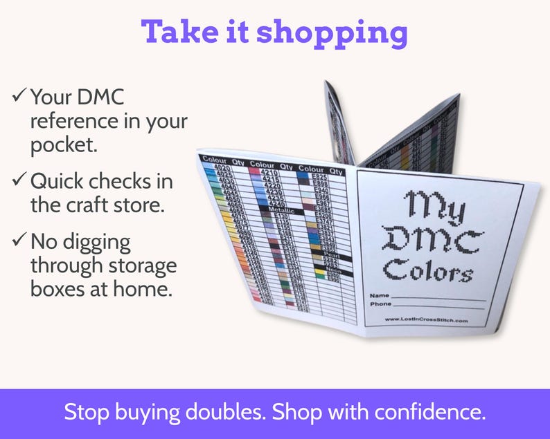 Op de afbeelding: Een wit boekje getiteld "My DMC Colors" met kleurstalen en een raster voor het volgen. De tekst "Take it shopping" staat bovenaan, met opsommingstekens die de voordelen opsommen. De onderkant luidt "Stop buying doubles. Shop with confidence."