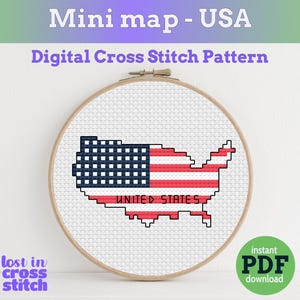 Kruissteekpatroon Amerikaanse vlag kaart | Digitale pdf-download | Amerikaans ontwerp | Klaar voor patroonhouder