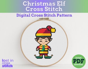 Patrón PDF de punto de cruz de elfo navideño / Descarga instantánea / Diseño de punto de cruz mini fácil / Punto de cruz moderno contado