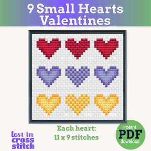 Nine Cross-Stitched Hearts | Digital PDF Pattern | Valentine&#39;s Day | PDF instant download