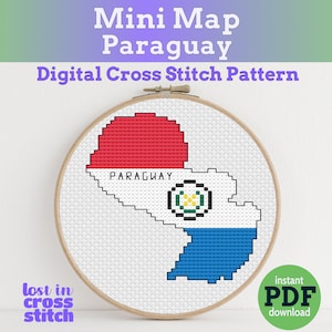 May include: A digital cross-stitch pattern of the Paraguay map, featuring the country's flag colors: red, white, and blue. The design is contained within a wooden embroidery hoop. Text includes "Mini Map Paraguay" and "Digital Cross Stitch Pattern."