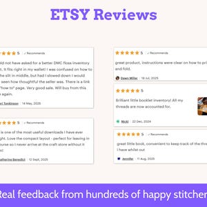 Op de afbeelding: Afbeelding met Etsy-recensies met getuigenissen van klanten. De recensies worden weergegeven in witte vakken tegen een lichte achtergrond. De tekst bevat sterrenbeoordelingen, data en klantopmerkingen. Bovenaan de afbeelding staat "ETSY Reviews".