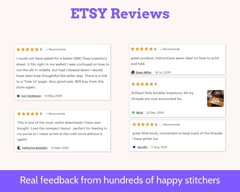 Op de afbeelding: Afbeelding met Etsy-recensies met getuigenissen van klanten. De recensies worden weergegeven in witte vakken tegen een lichte achtergrond. De tekst bevat sterrenbeoordelingen, data en klantopmerkingen. Bovenaan de afbeelding staat "ETSY Reviews".