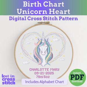 May include: A cross-stitch pattern in a wooden hoop features a unicorn design with a heart-shaped rainbow mane. The text reads "Birth Chart Unicorn Heart" and includes the name "Charlotte Mary", date, and weight. The pattern includes an alphabet chart.