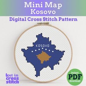 Tiny Little Kosovo-vlagkaart | Digitaal kruissteekpatroon | PDF direct downloaden