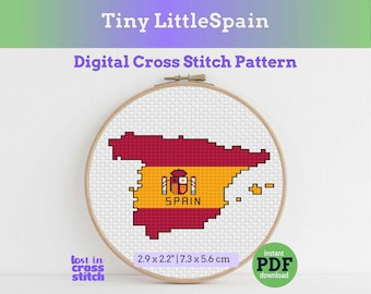Patrón de punto de cruz de España, pequeño mapa de la bandera de España, regalo de recuerdo de viaje para decorar la pared con motivos españoles, descarga instantánea en PDF.