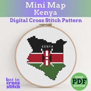 Könnte beinhalten: Ein Kreuzstichmuster der Kenia-Karte, mit den Farben der Landesflagge. Das Design befindet sich in einem hölzernen Stickrahmen, mit dem Text "Mini Map Kenya" und "Digital Cross Stitch Pattern". Der Text "lost in cross stitch" ist unten.