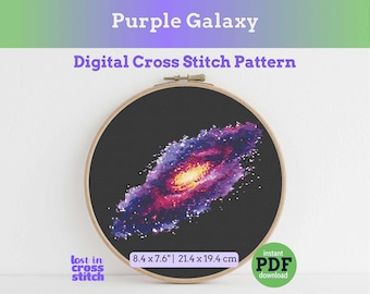 Purple Galaxy kruissteekpatroon, Spiral Galaxy Space Wall Art, Modern Celestial Cross Stitch Design, Instant pdf-download