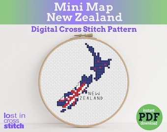 New Zealand Cross Stitch Pattern, Tiny Flag Map, New Zealand Wall Art Travel Gift Souvenir, Instant PDF Download