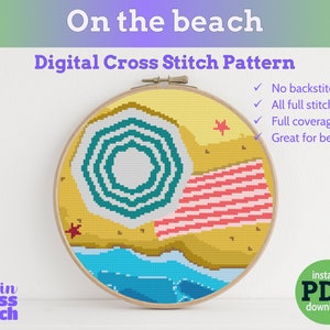 On the beach cross stitch PDF pattern | Instant Download | large and easy cross stitch design | Beach scene landscape cross stitch pattern