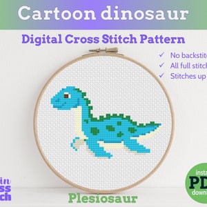 Cartoon Dinosaur cross stitch PDF pattern | Instant Download | easy mini cross stitch pattern | Plesiosaurus counted modern cross stitch