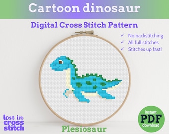Cartoon Dinosaur cross stitch PDF pattern | Instant Download | easy mini cross stitch pattern | Plesiosaurus counted modern cross stitch