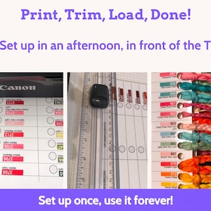 May include: A triptych image showing a Canon printer feeding a paper color chart, a clear plastic paper trimmer with a black handle, and a color-coded embroidery floss organizer. Text reads: Print, Trim, Load, Done! Set up in an afternoon, in front of the TV. Set up once, use it forever!