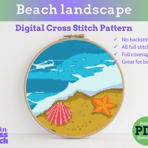 Strandlandschap kruissteek PDF-patroon | Direct downloaden | groot en eenvoudig kruissteekontwerp | Strandtafereel kruissteekpatroon
