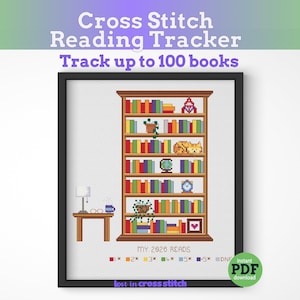 May include: Cross stitch reading tracker with a bookshelf design. The image features a brown bookshelf filled with colourful books, a cat, and decorative items. Text reads "Track up to 100 books" and "My 2026 Reads". Includes a PDF download.