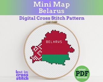 Belarus Cross Stitch Pattern, Tiny Flag Map, Eastern Europe Country Map, Instant PDF Download
