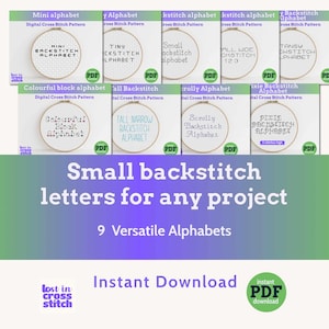 Op de afbeelding: Negen digitale kruissteek alfabetpatronen worden getoond, elk in een cirkelvormige lijst. De alfabetten omvatten mini, tiny, small, wide en tall backstitch stijlen. De tekst "Small backstitch letters for any project" is te zien.