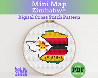 May include: A cross-stitch pattern of the Zimbabwe map, featuring the country's flag colors: green, yellow, red, and black. The design is in a round embroidery hoop. Text includes "Mini Map Zimbabwe" and "Digital Cross Stitch Pattern."