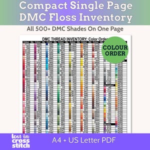 Peut inclure: Un document blanc intitulé Compact Single Page DMC Floss Inventory, présentant une grille de plus de 500 numéros de fils DMC et des colonnes de quantité. Un badge circulaire vert indique COLOUR ORDER. Le texte en bas inclut A4 + US Letter PDF.