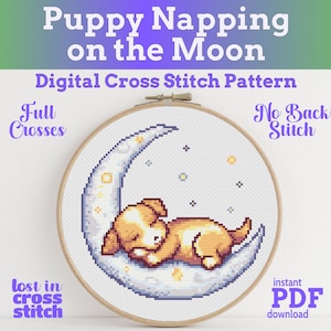 Puppy Sleeping on the Moon Cross Stitch Pattern Beginner Friendly Instant PDF Download Cross Stitch Sleeping Dog Pattern