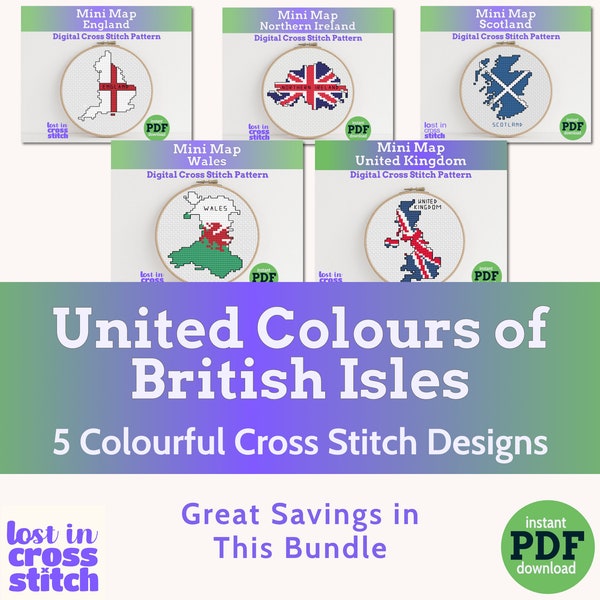 British Isles Cross Stitch PDF Pattern Instant Download England Northern Ireland Scotland Wales and UK maps and flags ideal for beginners