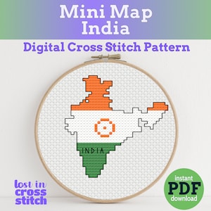 May include: A cross-stitch pattern of the India map in a wooden embroidery hoop. The map is colored with orange, white, and green, with the word "INDIA" in green. Text includes "Mini Map India" and "Digital Cross Stitch Pattern".