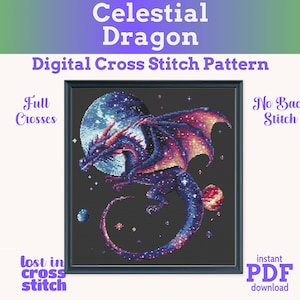 Celestial Dragon Cross Stitch Pattern, Cosmic Blue and Gold Dragon PDF, Pattern Keeper Compatible Chart