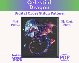 Celestial Dragon Cross Stitch Pattern, Cosmic Blue and Gold Dragon PDF, Pattern Keeper Compatible Chart