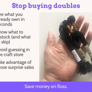Op de afbeelding: Afbeelding van drie zwarte borduurgaren in een hand. De afbeelding bevat tekst die luidt "Stop buying doubles" en "Save money on floss." Andere tekst geeft tips om dubbele aankopen te voorkomen.