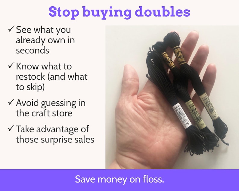 Op de afbeelding: Afbeelding van drie zwarte borduurgaren in een hand. De afbeelding bevat tekst die luidt "Stop buying doubles" en "Save money on floss." Andere tekst geeft tips om dubbele aankopen te voorkomen.