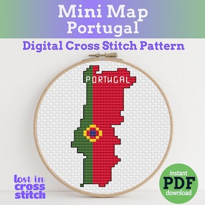 Vlag van Portugal kaart Mini digitaal kruissteekpatroon PDF direct downloaden Ontwerp voor beginnende en gevorderde kruissteeksters Snelle steek