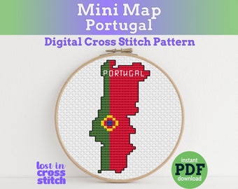 Portugal kruissteekpatroon, kleine vlagkaart, Portugese muurdecoratie en reissouvenir, direct te downloaden als PDF.