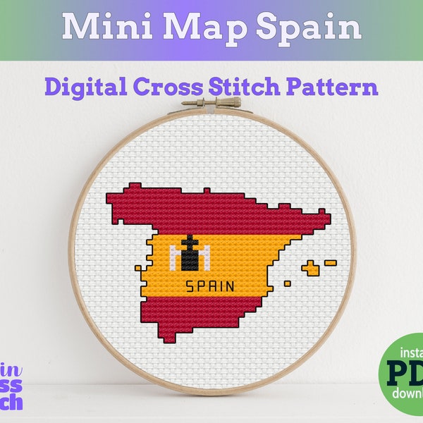 Tiny Little Spain flag map | Digital Cross Stitch Pattern | PDF instant download