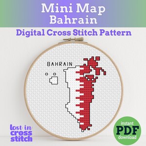 May include: A cross-stitch pattern of Bahrain in a wooden embroidery hoop. The map is rendered in red and black stitches, with the word "Bahrain" stitched above. Text includes "Mini Map Bahrain" and "Digital Cross Stitch Pattern".