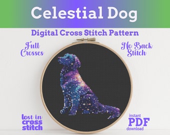 Celestial Dog Cross Stitch Pattern Beginner Friendly Instant PDF Download Cross Stitch Doggo in Space