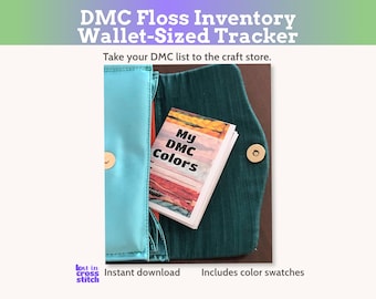DMC-garnspårare i plånbok: Bärbar minibok med inventering för broderare. Utskrivbar trådinköpslista i PDF-format (innehåller 2023 färger)