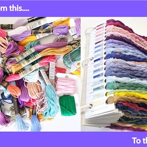 May include: A split image showing a disorganized pile of multi-colored embroidery floss skeins with paper labels on the left, and a neatly organized color chart ring binder with corresponding thread samples arranged by color on the right.