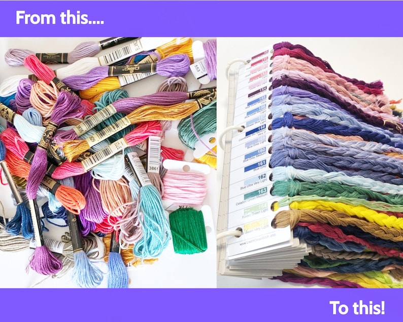 May include: A split image showing a disorganized pile of multi-colored embroidery floss skeins with paper labels on the left, and a neatly organized color chart ring binder with corresponding thread samples arranged by color on the right.