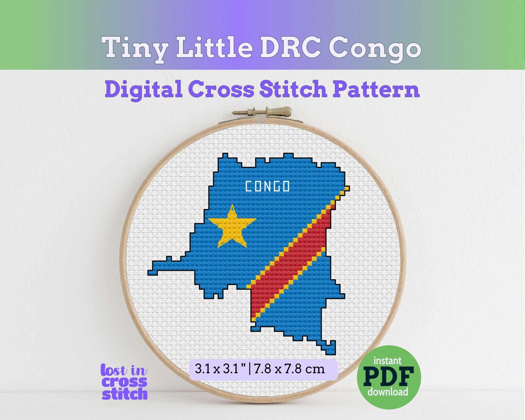 DR Congo Cross Stitch Pattern, Tiny Flag Map With Star, Central Africa ...