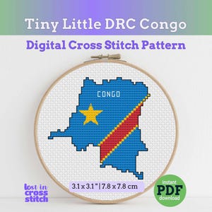May include: A cross-stitch pattern of the DRC Congo map in blue, red, and yellow, displayed in a wooden embroidery hoop. The text "Tiny Little DRC Congo" and "Digital Cross Stitch Pattern" are at the top. The dimensions are 3.1 x 3.1 inches.