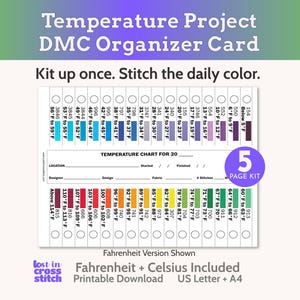 Cartões organizadores de linhas DMC para projeto de ponto cruz com foco em temperatura | Conjunto imprimível de cores F e C | PDF para download instantâneo