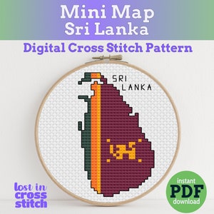 Petite carte du drapeau du Sri Lanka, téléchargement immédiat du motif PDF au point de croix numérique Design complet en croix