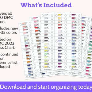 May include: A set of printed DMC floss color reference charts featuring 500 color swatches with corresponding numbers and empty checkboxes for organization. The text includes What's Included, Covers all 500 DMC colors, Includes new 01-35 colors, Based on DMC 2023 Floss Chart, Discontinued color reference list included, and Download and start organizing today.
