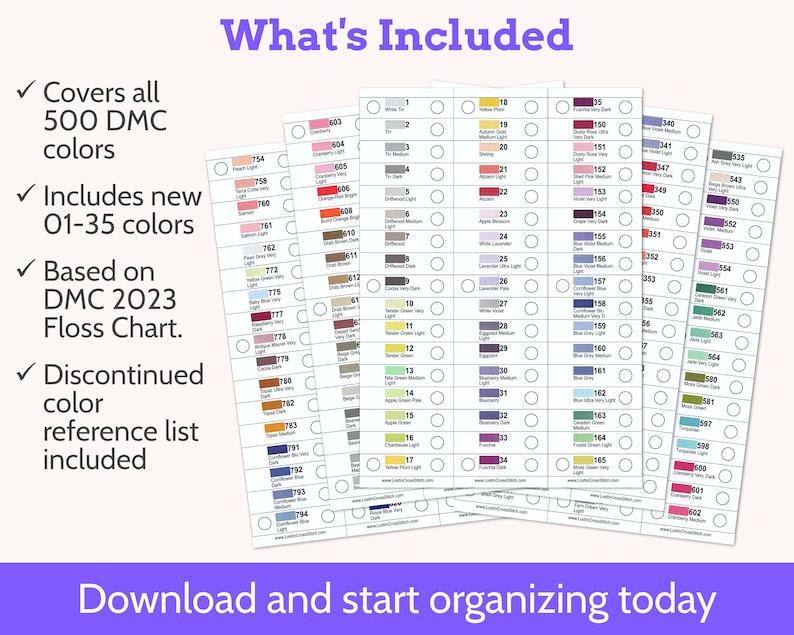 May include: A set of printed DMC floss color reference charts featuring 500 color swatches with corresponding numbers and empty checkboxes for organization. The text includes What's Included, Covers all 500 DMC colors, Includes new 01-35 colors, Based on DMC 2023 Floss Chart, Discontinued color reference list included, and Download and start organizing today.
