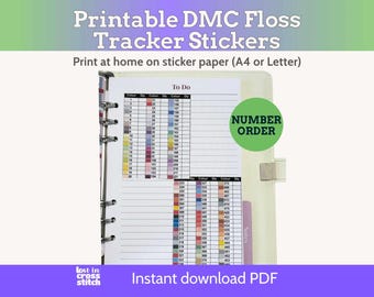 Adesivi per la pianificazione e il monitoraggio dell'inventario dei filati DMC, schema per punti croce, oltre 500 colori, formato PDF A4 + US Letter.