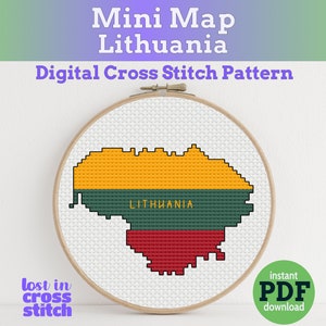 May include: A digital cross stitch pattern of the country of Lithuania. The pattern is in the shape of the country and features the Lithuanian flag colors: yellow, green, and red. The text "Lithuania" is included in the pattern.