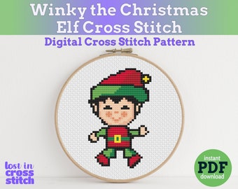 Patrón PDF de punto de cruz de Winky el Elfo de Navidad / Descarga instantánea / Diseño de punto de cruz mini fácil / Punto de cruz moderno contado