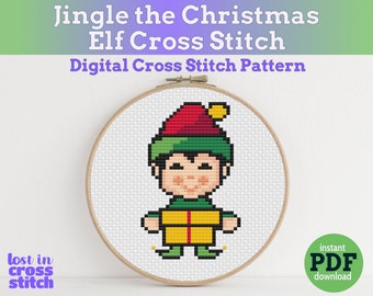 Patrón PDF de punto de cruz de Jingle, el elfo navideño / Descarga instantánea / Diseño de punto de cruz mini fácil / Punto de cruz moderno contado