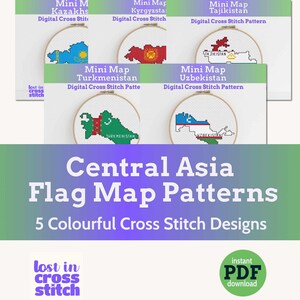 May include: A collection of five cross-stitch patterns featuring Central Asian flag maps. Each design is displayed in a circular frame, with the country's flag colors and shapes. The image includes text that reads "Central Asia Flag Map Patterns."
